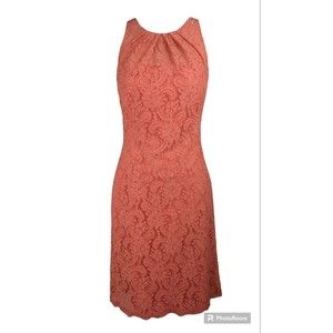 Watters and Watters Coral Pink Lace dress Formal High Neck Wedding Sheath S 6